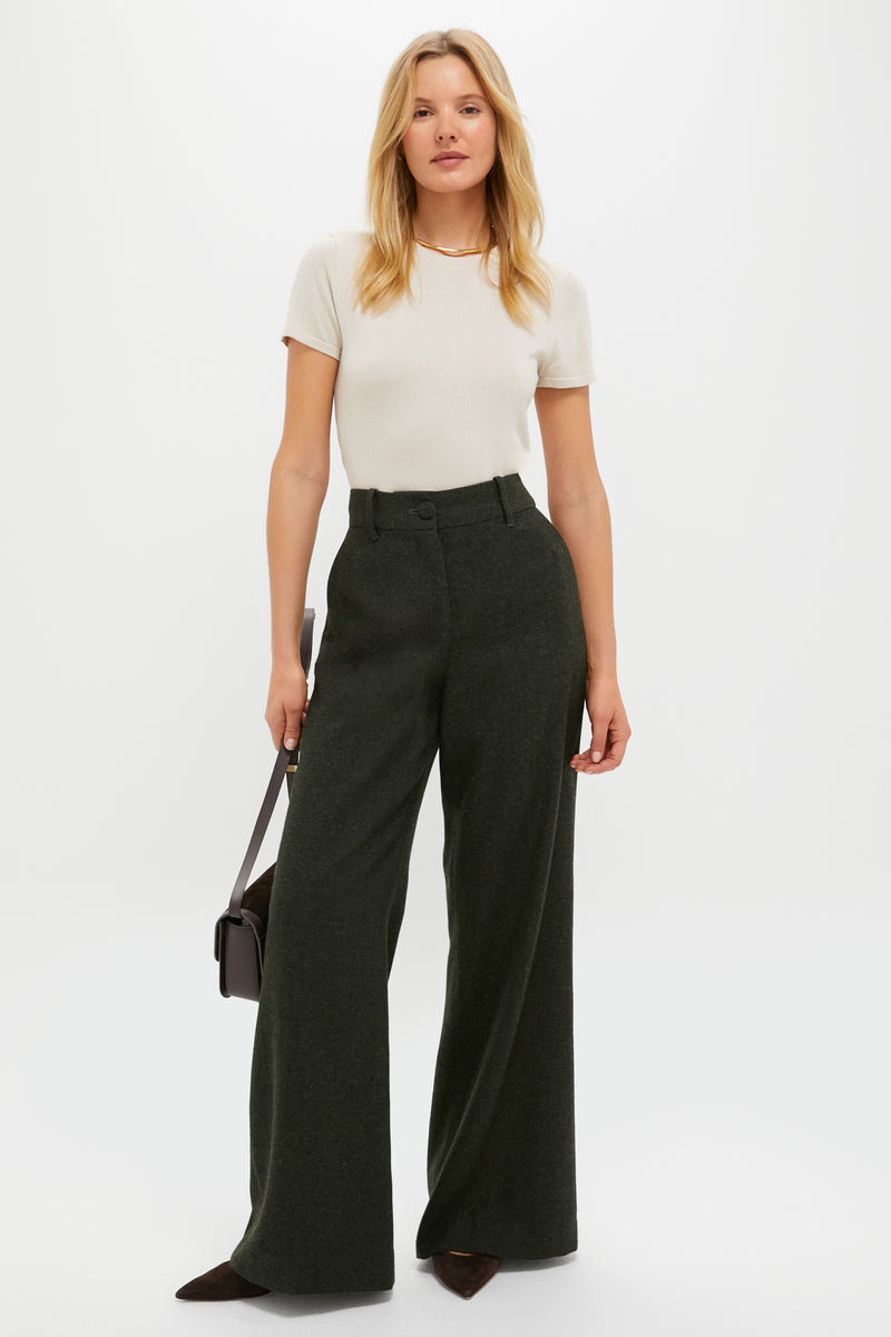 Hunter Green Tweed Herringbone Wide Leg Watson Trousers