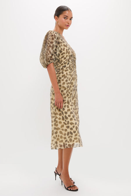 Cream Claude Print Puff Sleeve Midi Dress