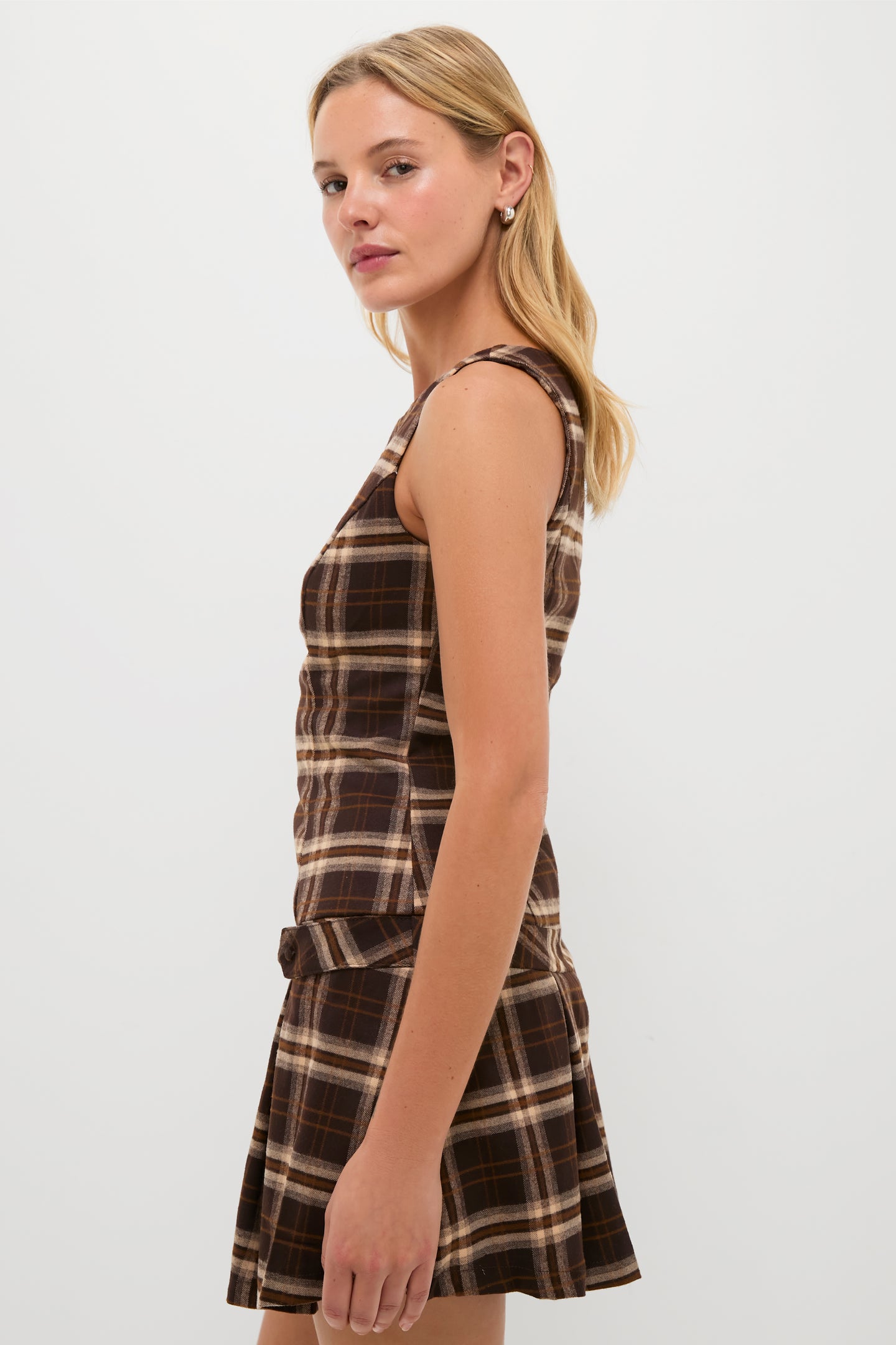 Brown Plaid Pleated Mini Dress