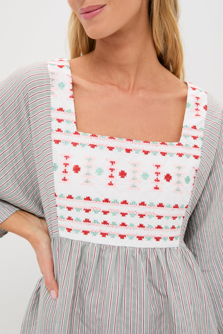 Sage Stripe Embroidered Sadona Dress