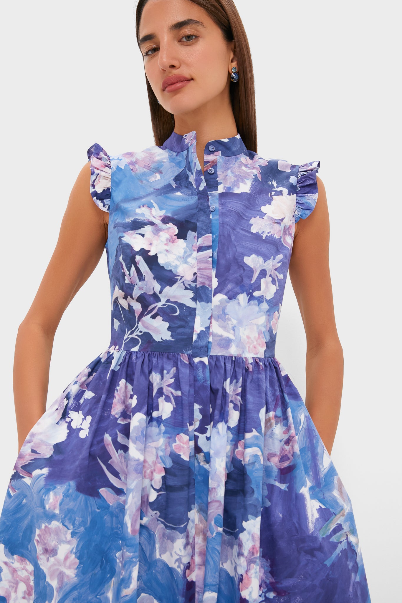 Artist Garden Pale Cobalt Sleeveless Flared Midi Dress | ERDEM Artist Garden Pale Cobalt Sleeveless Flared Midi Dress | ERDEM