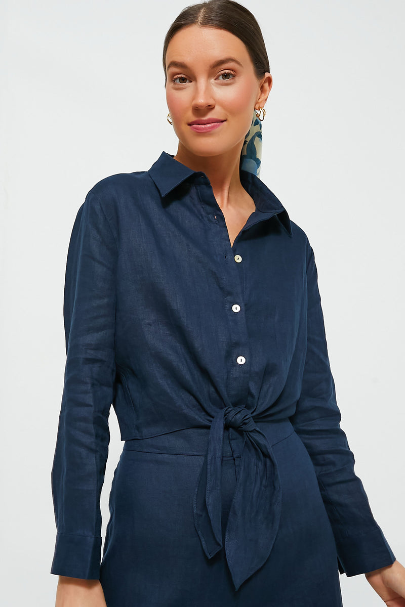 Navy Linen Tie-Front Rebecca Shirt