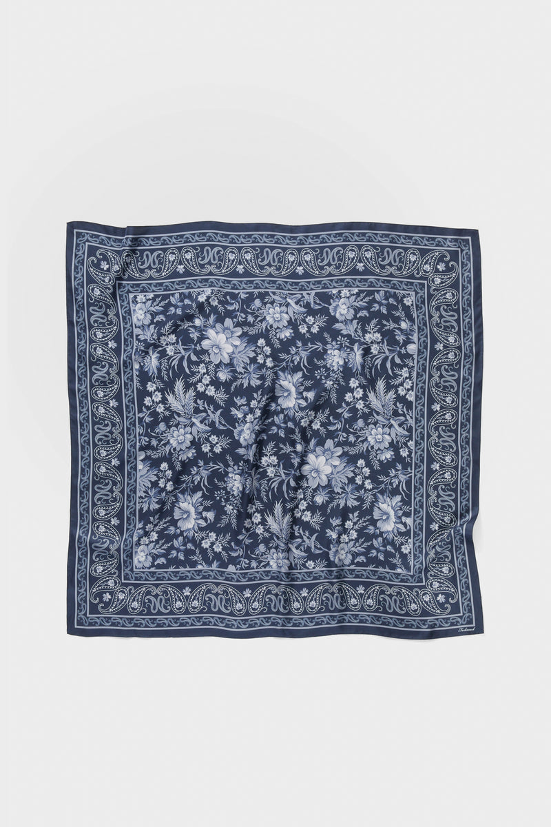Navy Floral Bandana Medium Silk Scarf