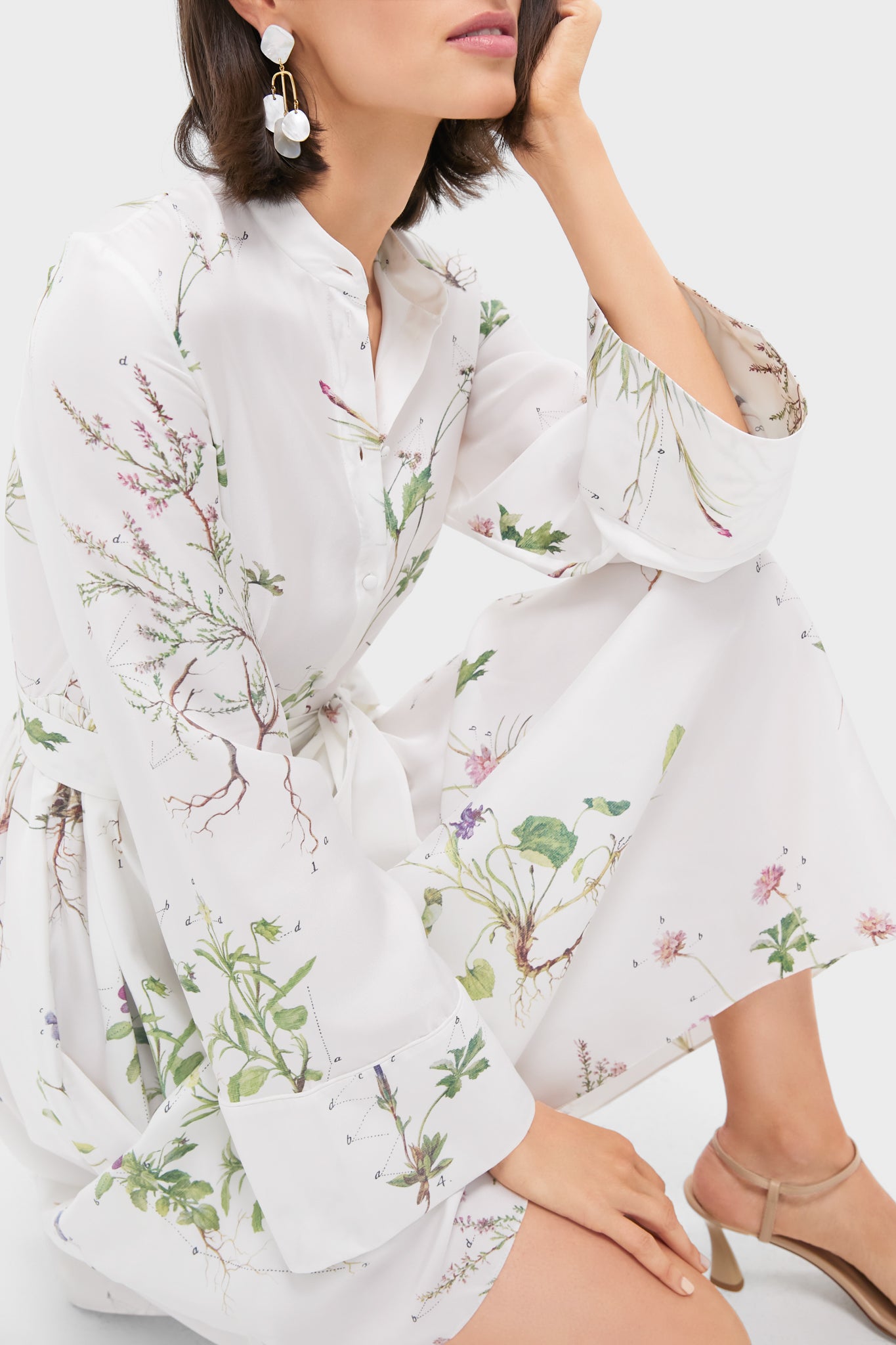 Botanical Garden White Long Sleeve Tie Waist Midi Dress