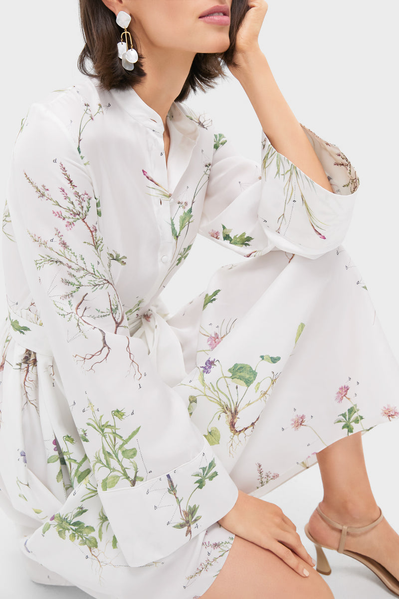 Botanical Garden White Long Sleeve Tie Waist Midi Dress