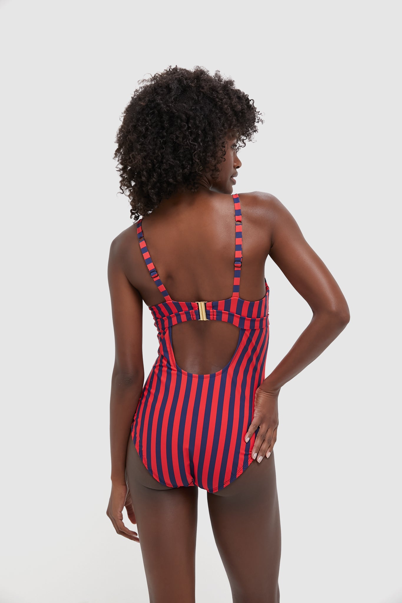 Hot Pepper and Navy Striped Dreamsculpt Push-Up Plunge One Piece