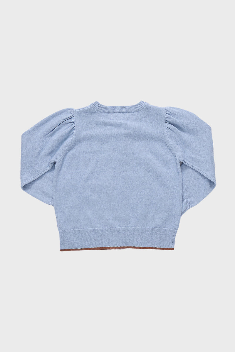 Light Blue Apple Constance Sweater, a classic long-sleeve pullover with puff shoulder detail, ribbed neckline and hem, embodying effortless, high-end style for fun, confident days.