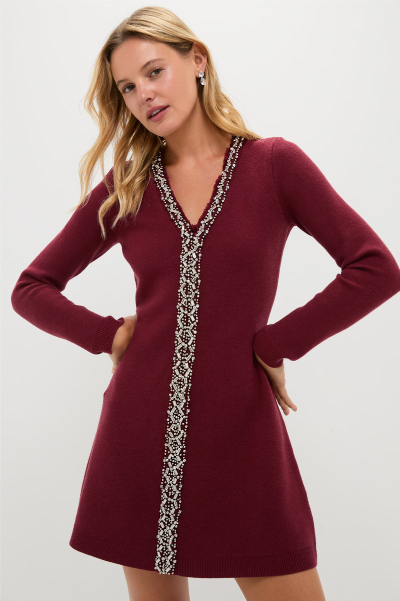 Oxblood Embellished Knit Simms Mini Dress