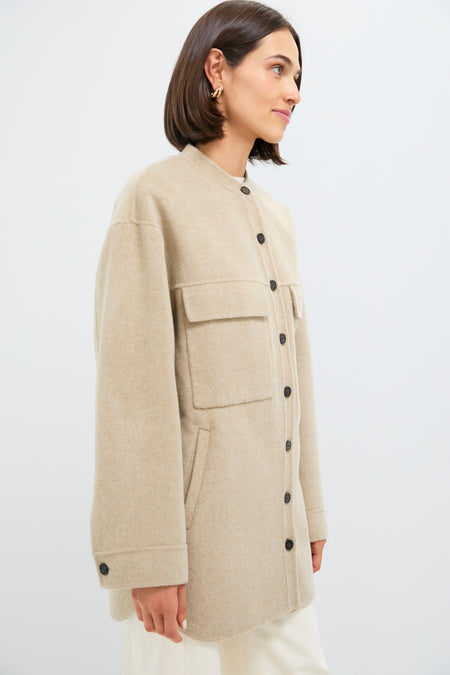 Classic and effortless, the Beige Chine Florian Coat features a soft, oversized shacket design with button-front, flap pockets, and buttoned cuffs, epitomizing high-end, fun layering.