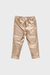 Girls Lame Legging: Classic metallic-gold leggings with an elastic waistband and faux bow detail, offering an effortless, fun, and high-end style perfect for any occasion.