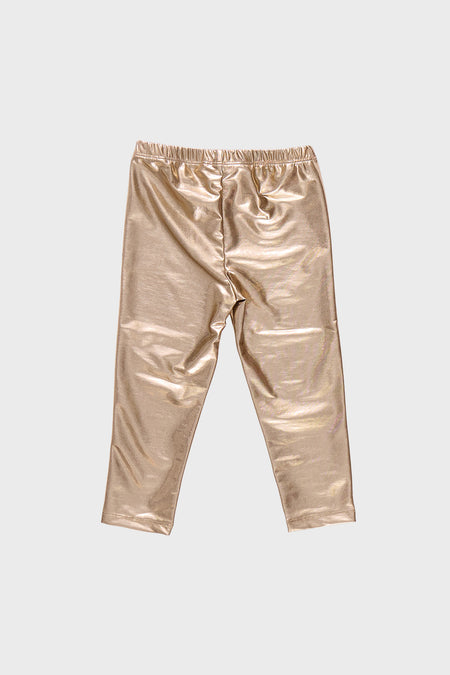 Girls Lame Legging: Classic metallic-gold leggings with an elastic waistband and faux bow detail, offering an effortless, fun, and high-end style perfect for any occasion.