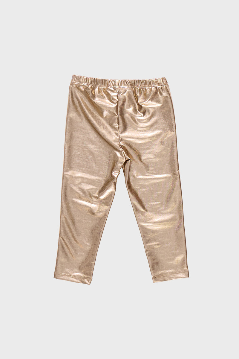 Girls Lame Legging: Classic metallic-gold leggings with an elastic waistband and faux bow detail, offering an effortless, fun, and high-end style perfect for any occasion.