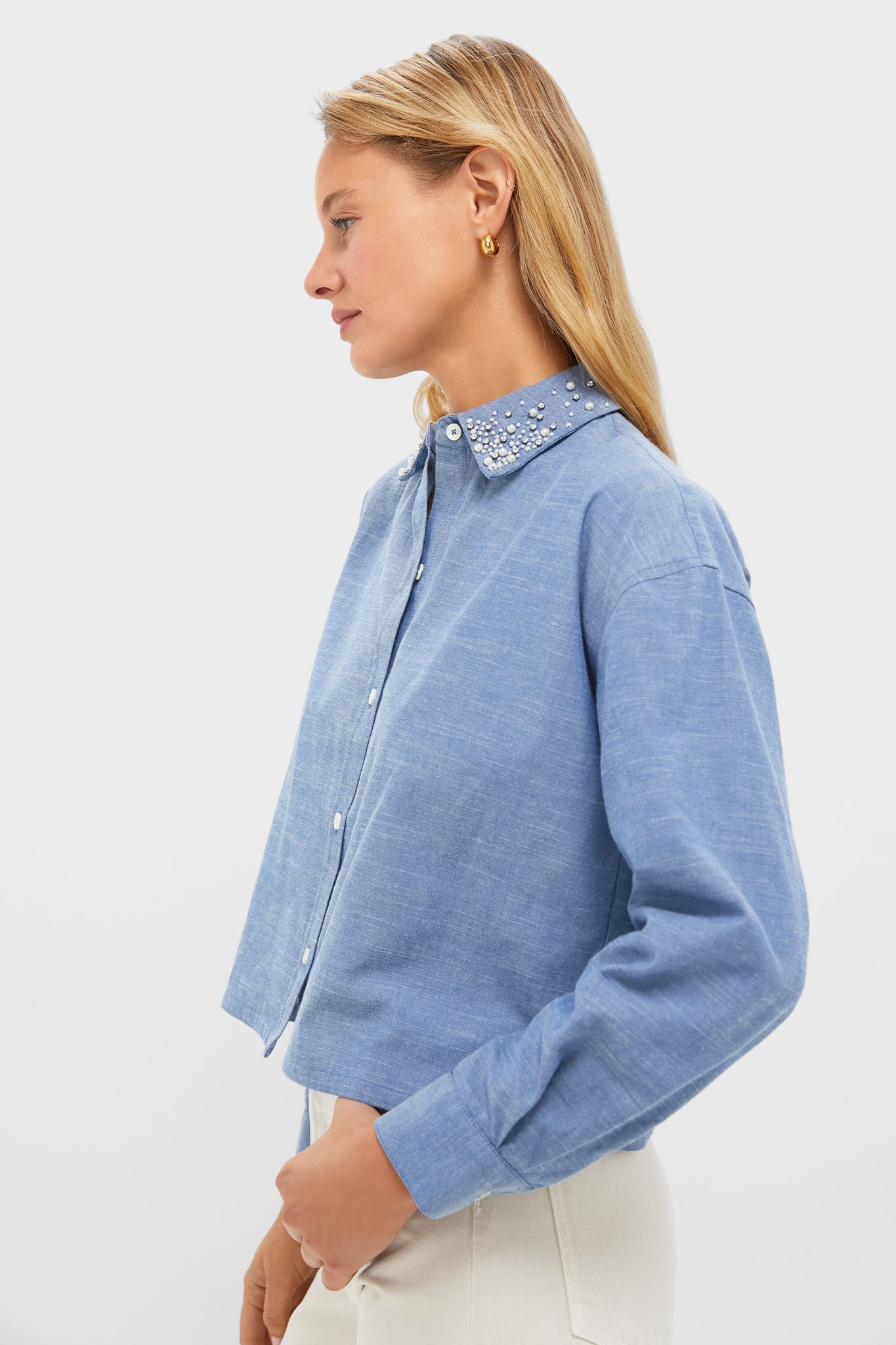 Chambray Denim Embellished Cropped Jasper Button Down