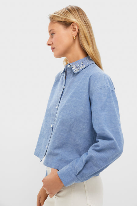 Chambray Denim Embellished Cropped Jasper Button Down