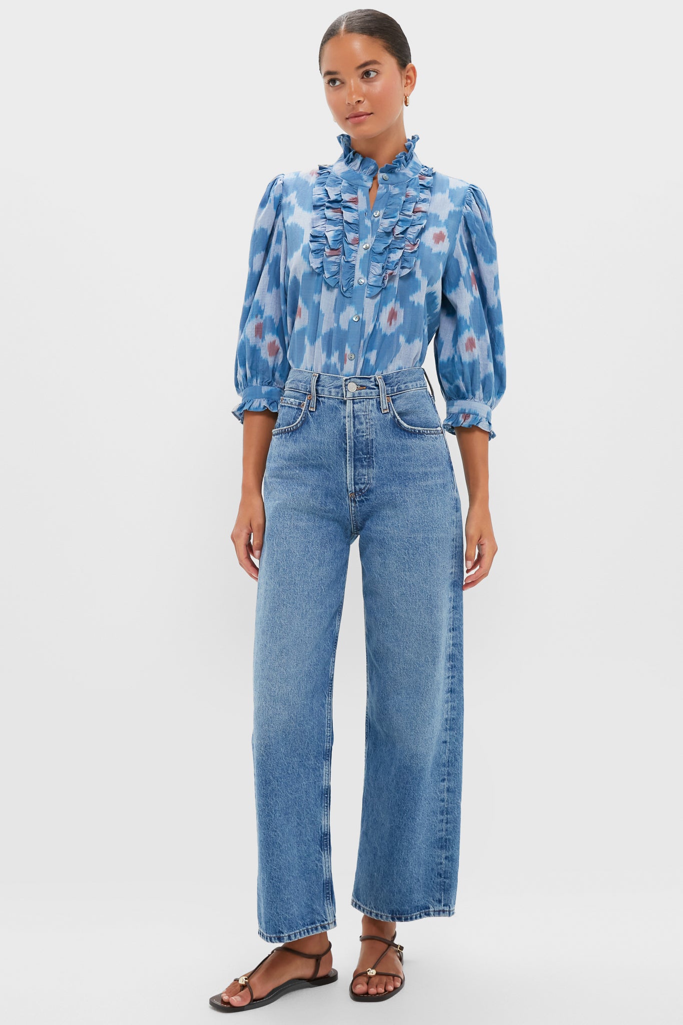 Jinja Blue Ruffle Front Button Blouse