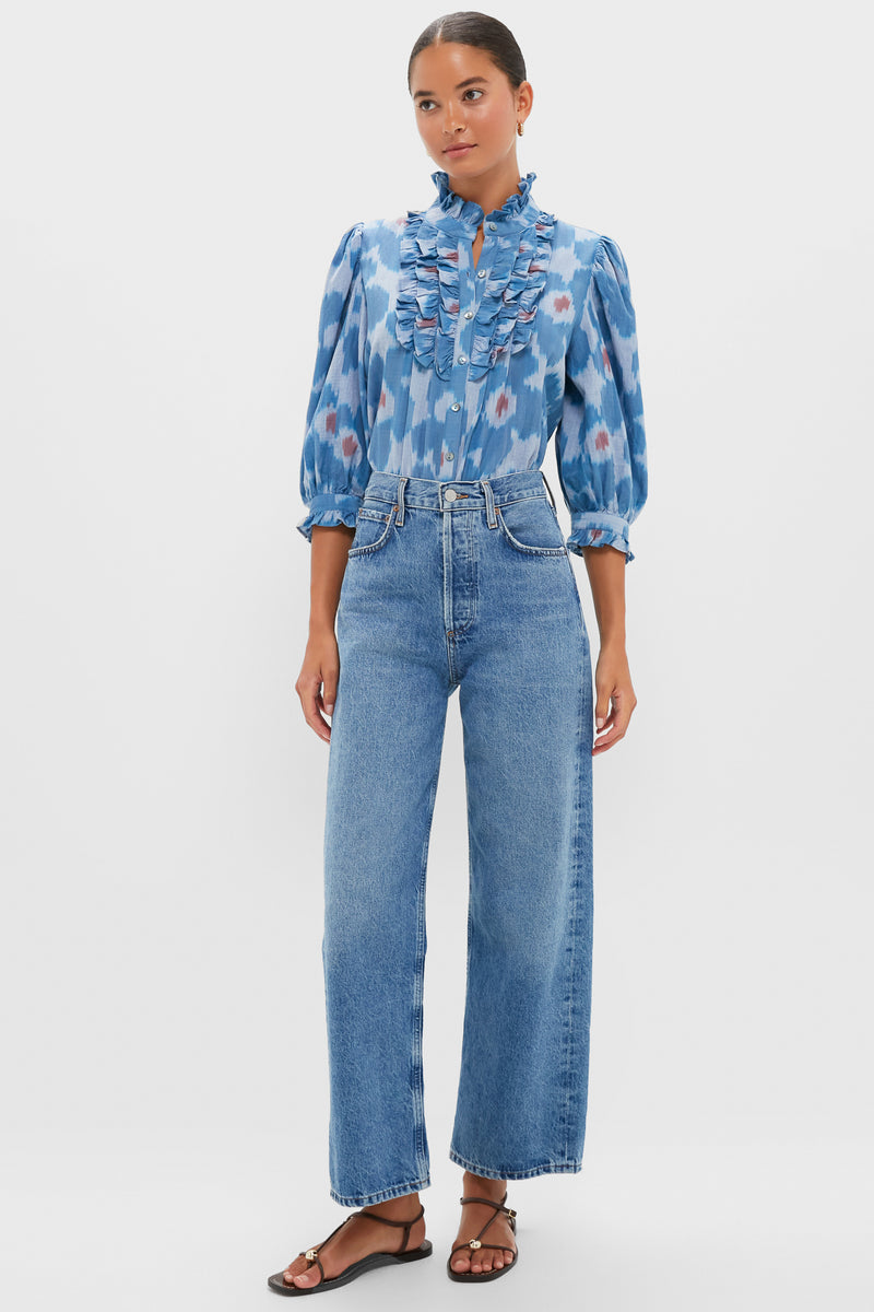 Jinja Blue Ruffle Front Button Blouse