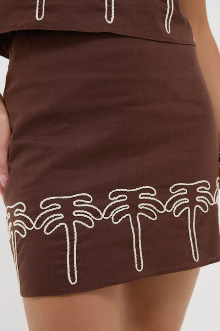 Brown & Cream Embroidery Palm Mini Skirt