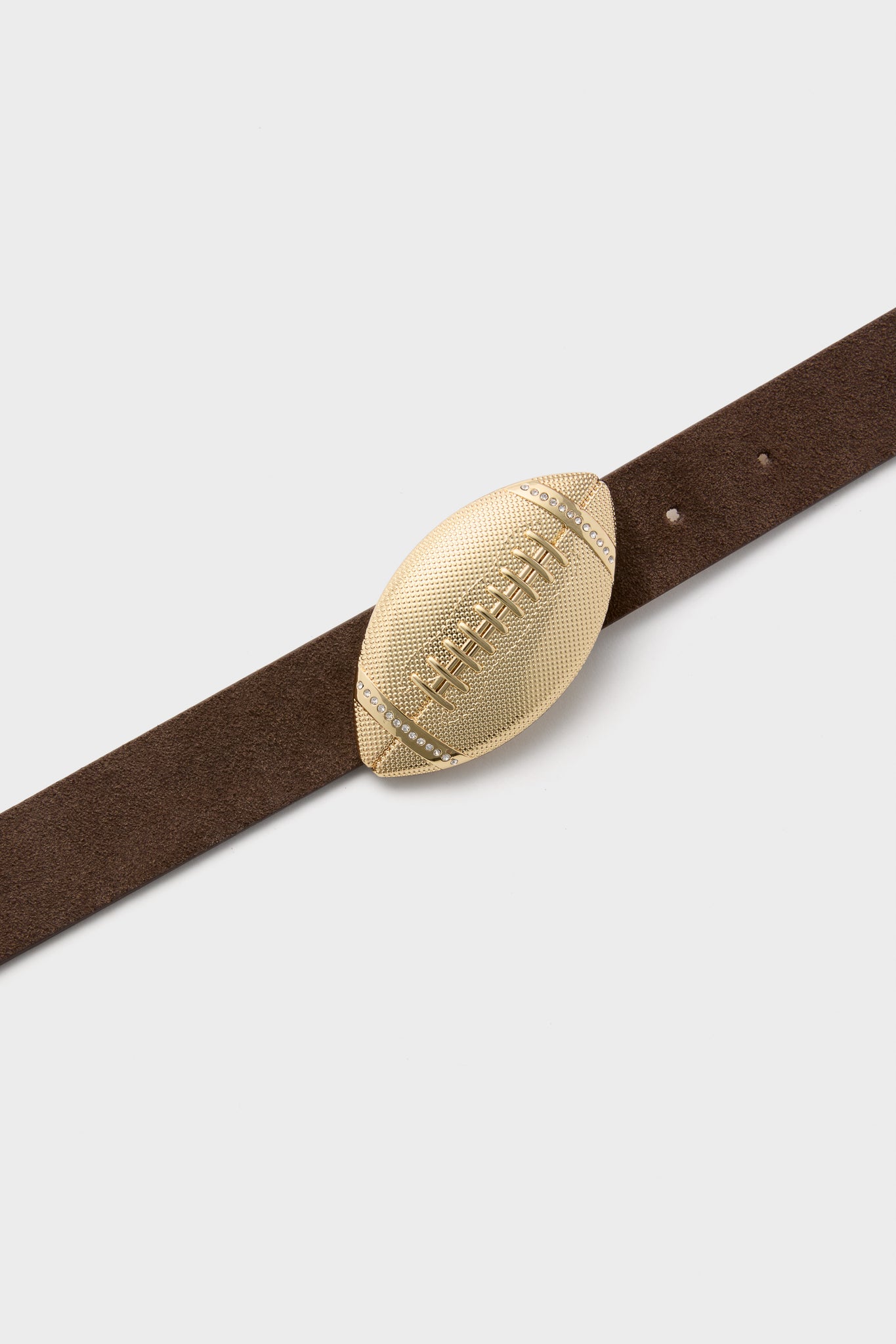 Gold Touchdown Buckle: A classic, high-end football-shaped buckle with rhinestone stripes, adding effortless fun to any outfit. Belt not included.
