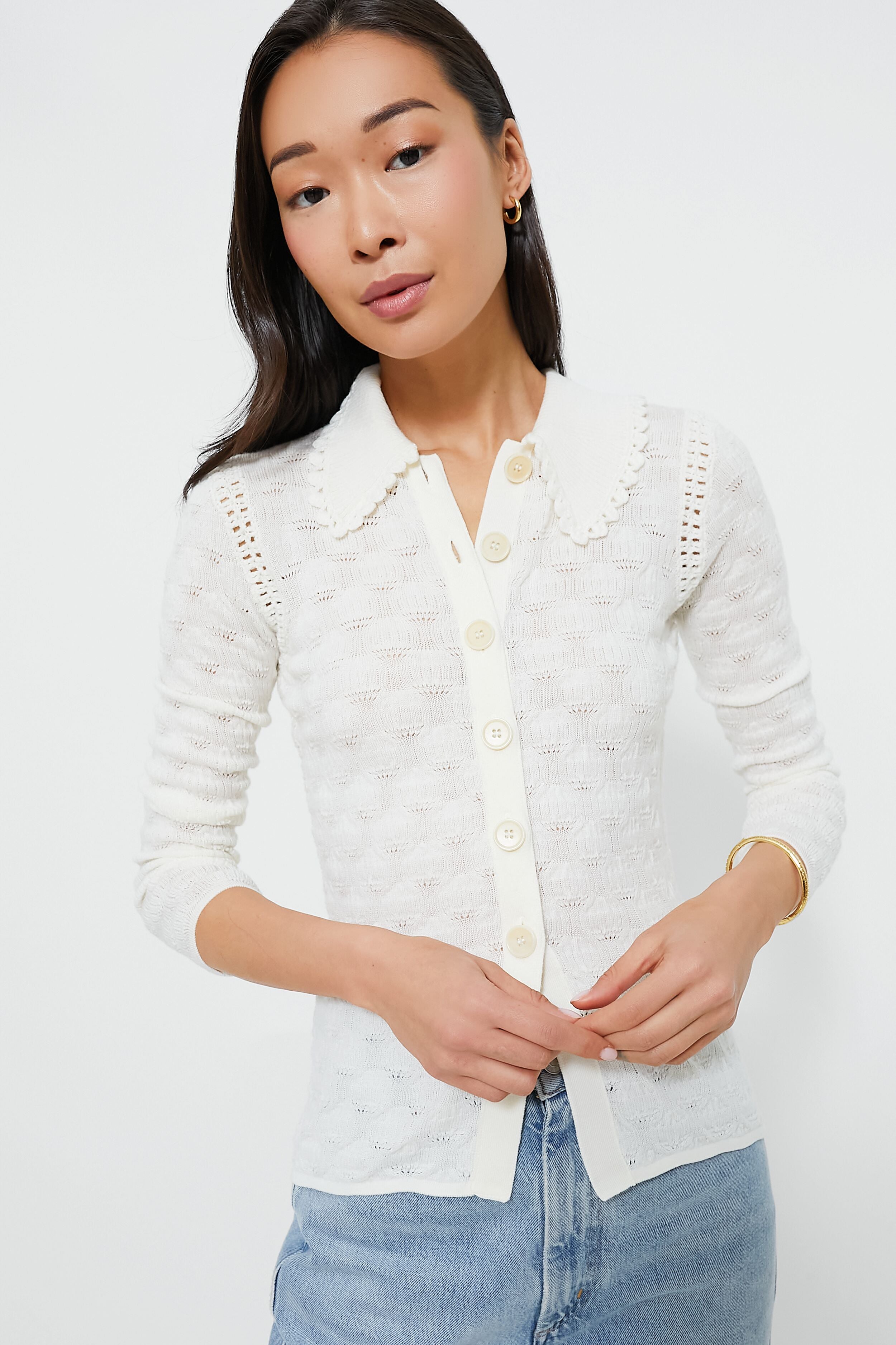 White Mila Pointelle Long Sleeve Cardigan | Sea New York 