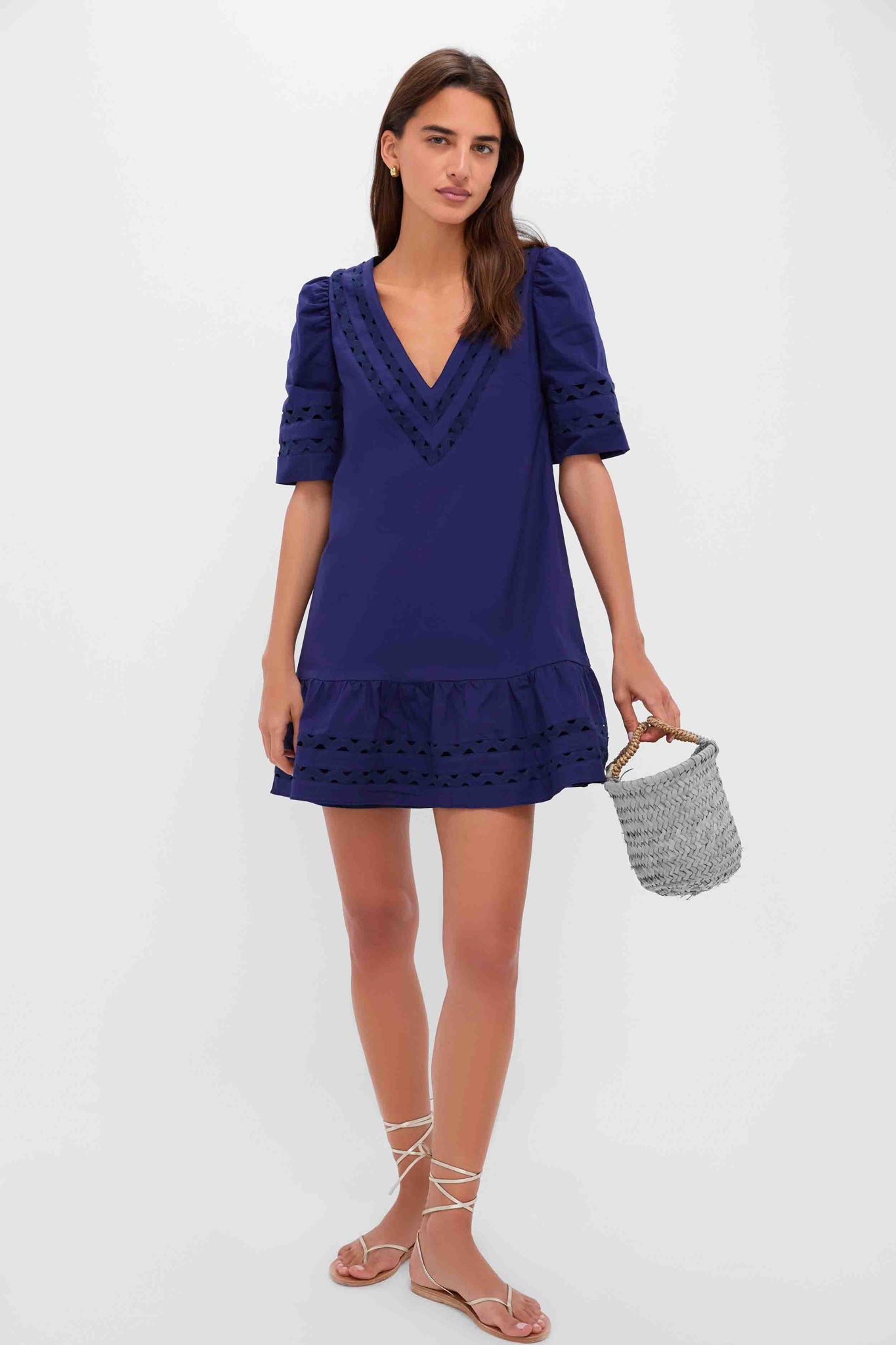 Navy V-Neck Puff Sleeve Mini Dress
