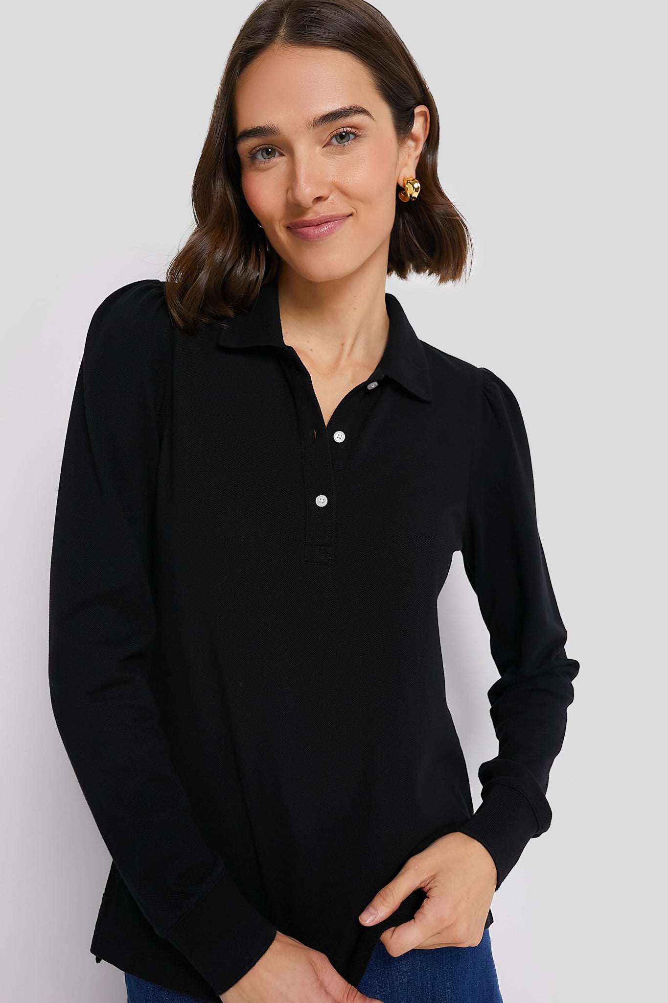 Black Long Sleeve Pique Puff Sleeve Peggy Polo | Tuckernuck
