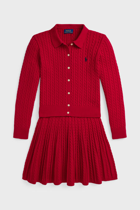 A Polo Ralph Lauren red cotton knit dress features long sleeves, a collared button-down front, pleated skirt, and a small embroidered chest logo—perfect for showcasing classic American style.