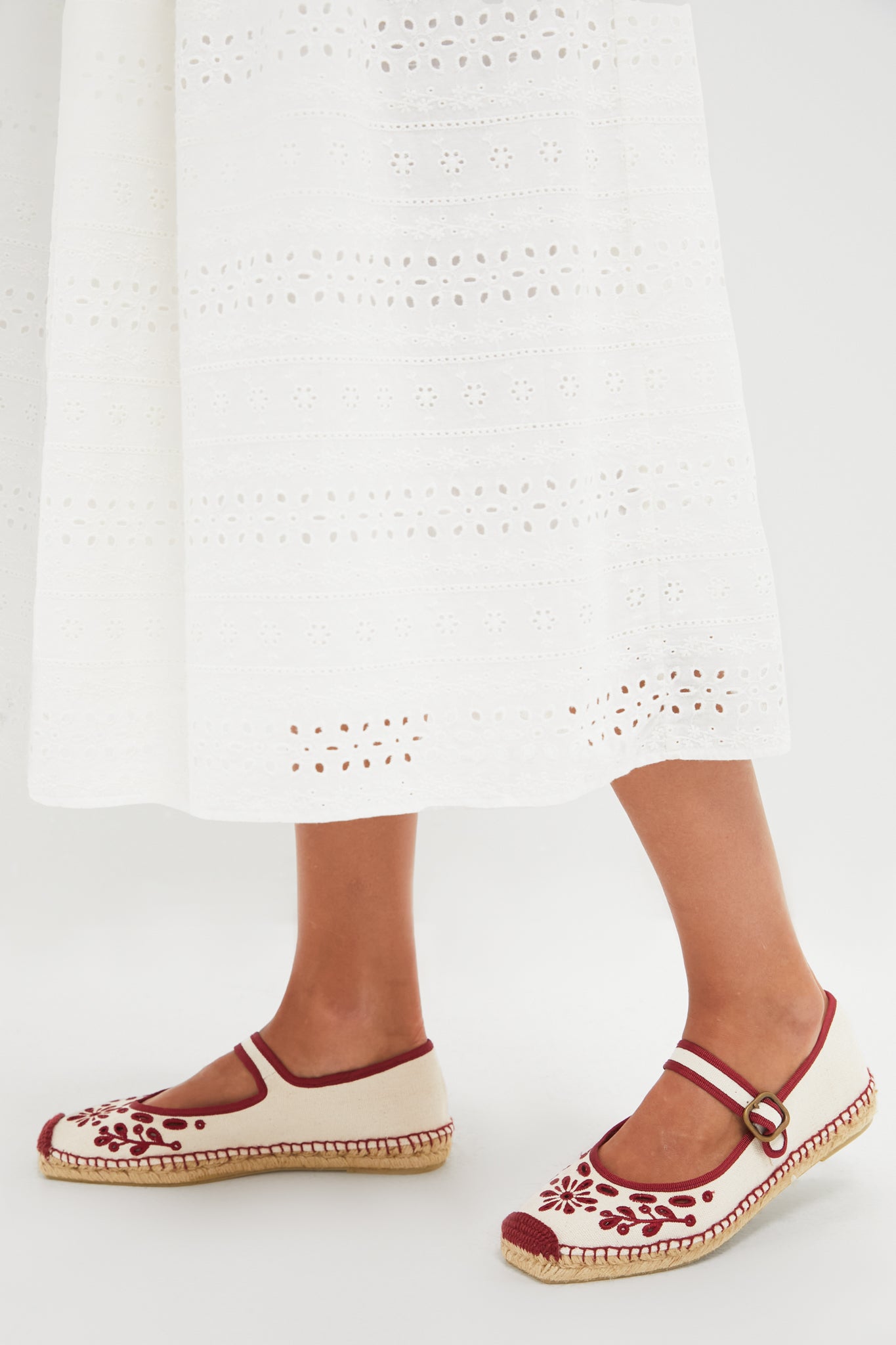 Ivory and Red Mary Jane Flora Broderie Espadrilles