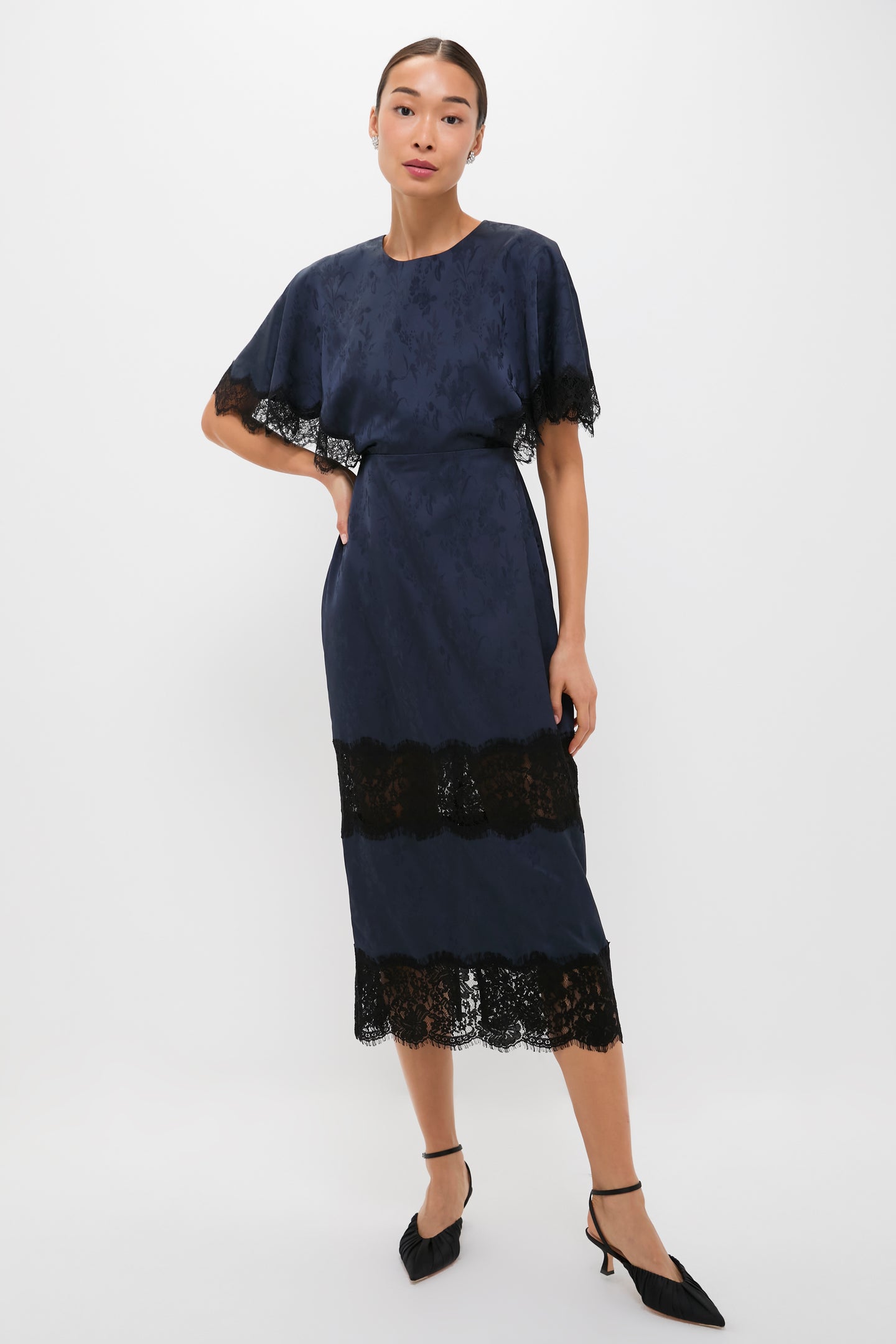 Navy Jacquard and Black Lace Rhett Midi Dress