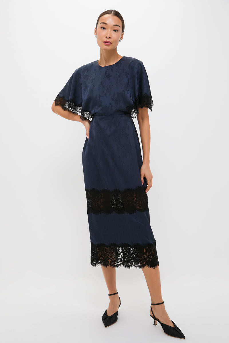 Navy Jacquard and Black Lace Rhett Midi Dress