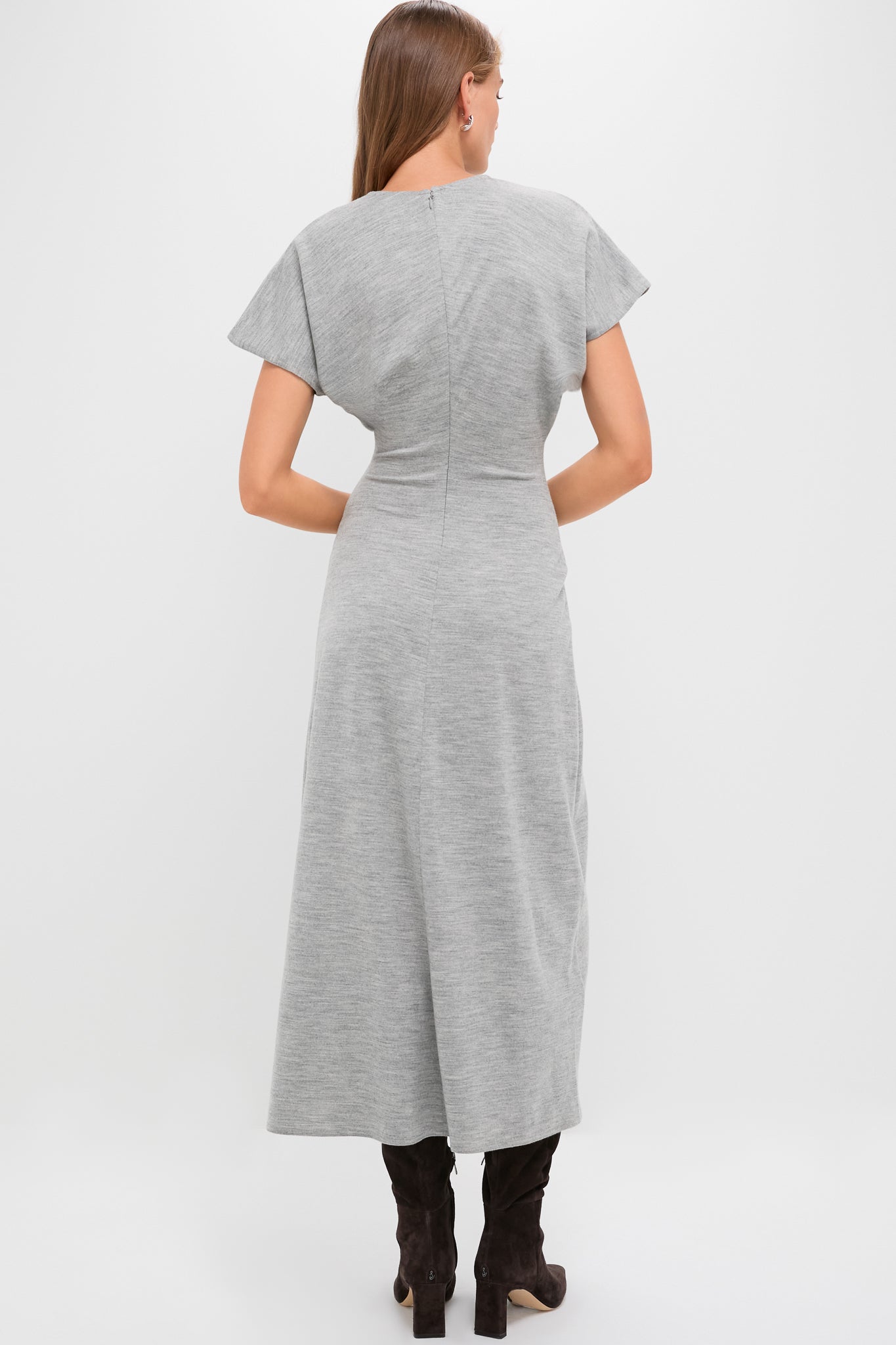 Light Smoke Heather Wool Jersey Knit Crew Neck Short Sleeve A-Line Dress