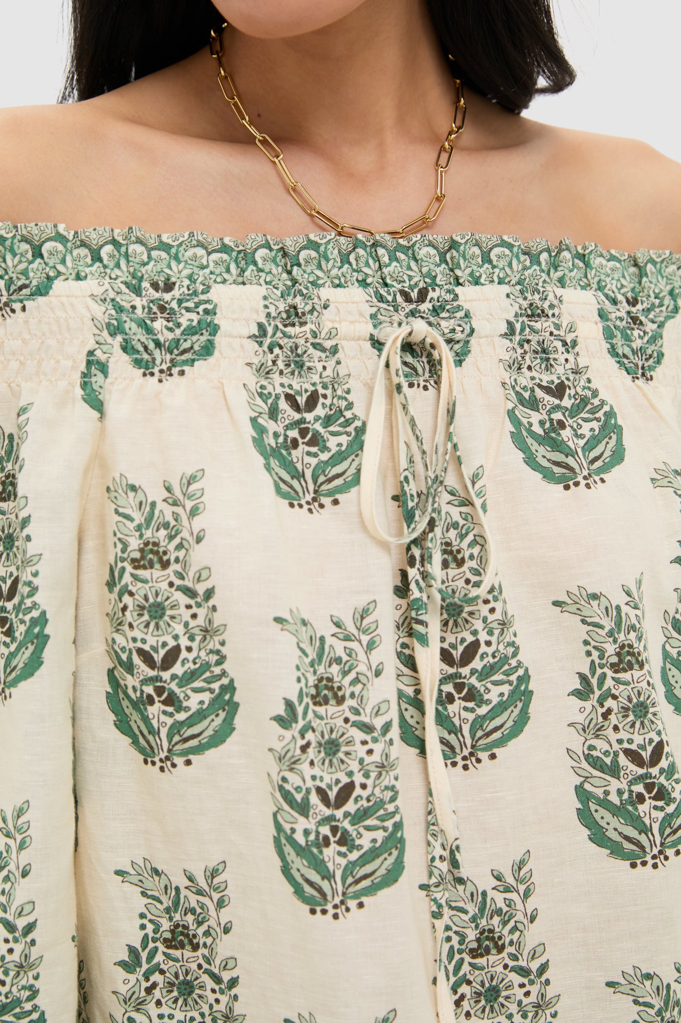 Jade Terrace Cotton Linen Off the Shoulder Ashleigh Blouse