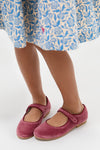 Dusty Pink Girl Velvet Mary Janes, a classic, high-end style with velcro strap, grosgrain trim, and padded sole, offering effortless comfort for fun occasions.