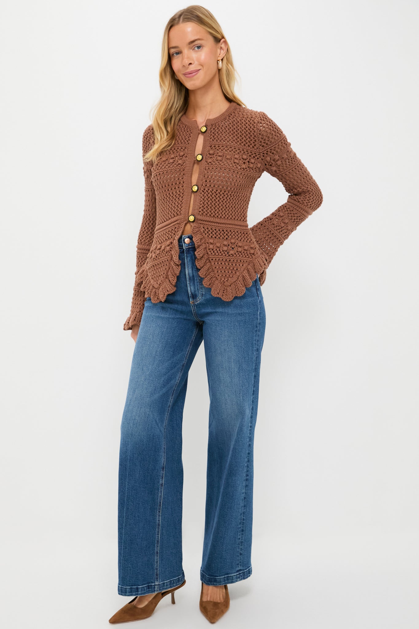 Dark Cinnamon Swirl Kiva Open Stitch Ruffle Cardi