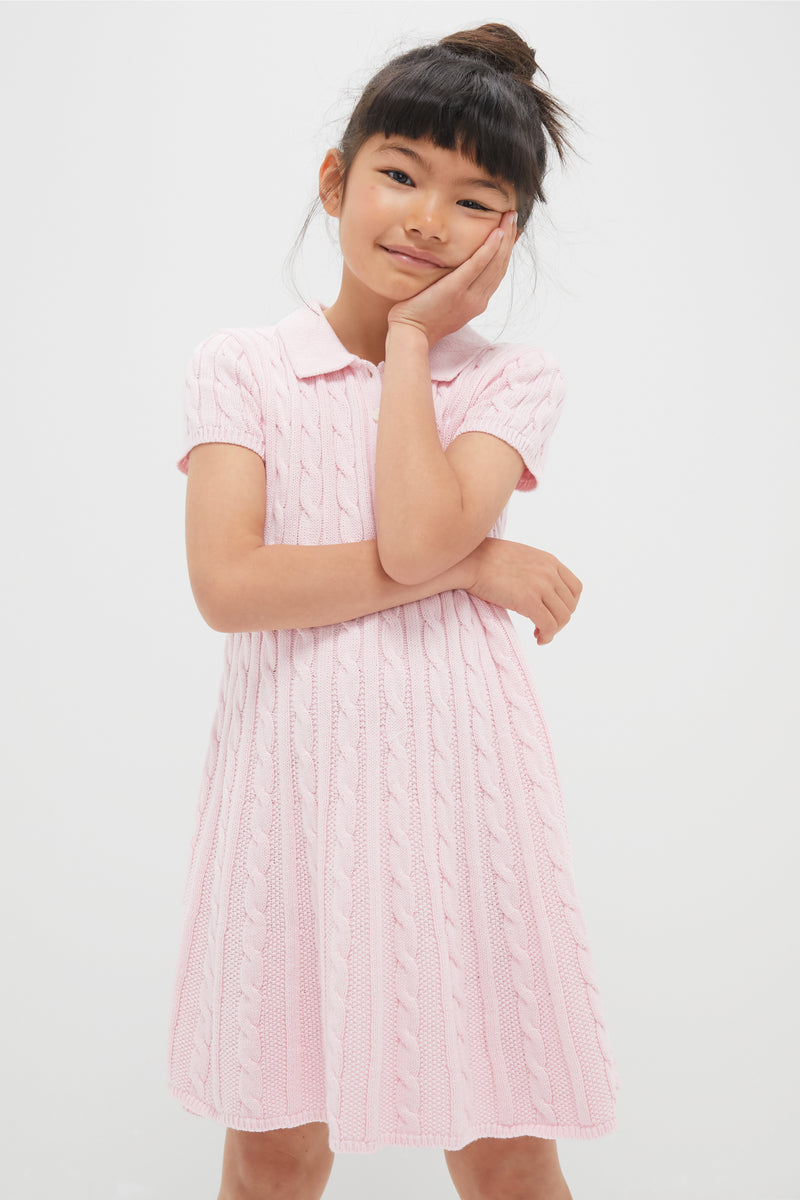 Girls Short-Sleeve Cotton Cable Knit Polo Dress