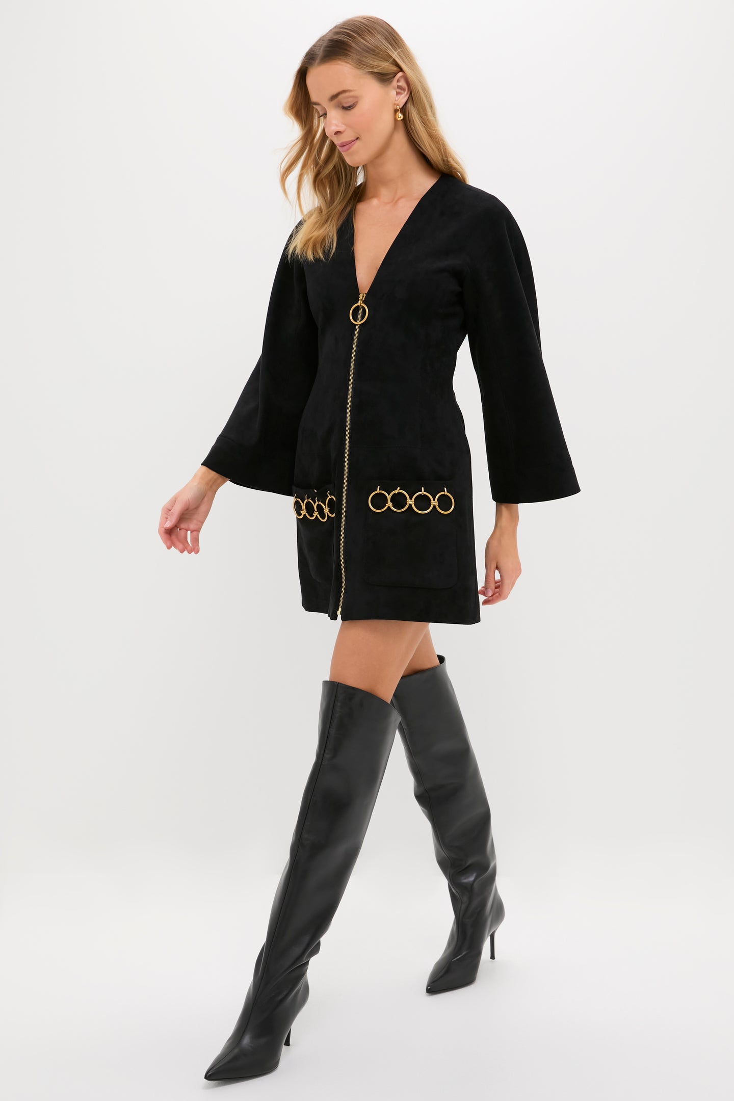 Black Anesa Suede Zip-Front Mini Dress