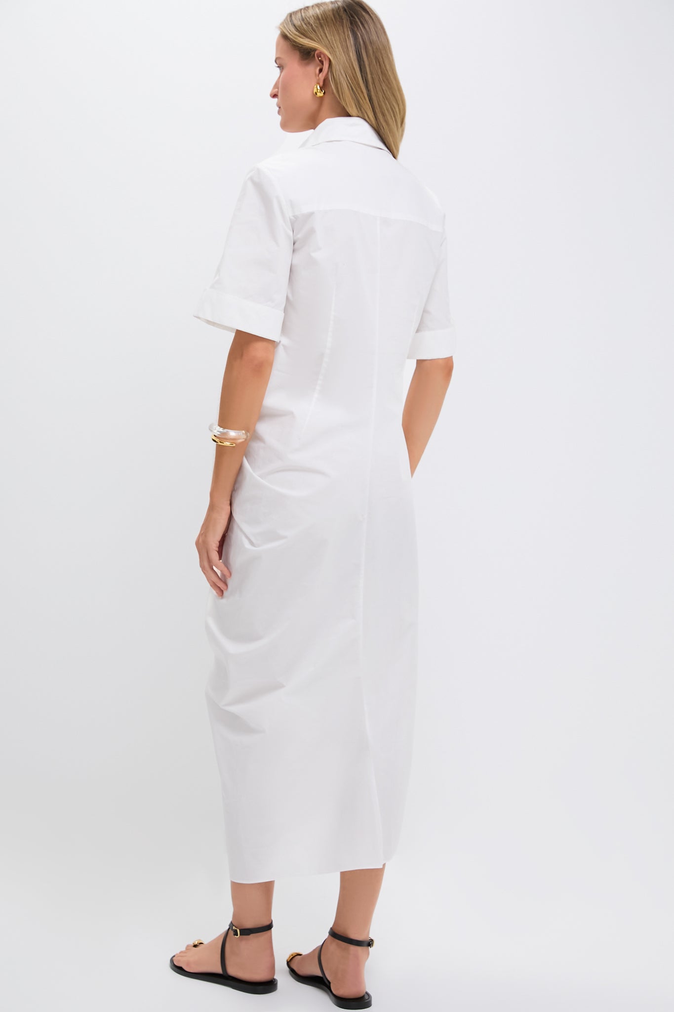 White Gathered Ruffle Shirt Dress