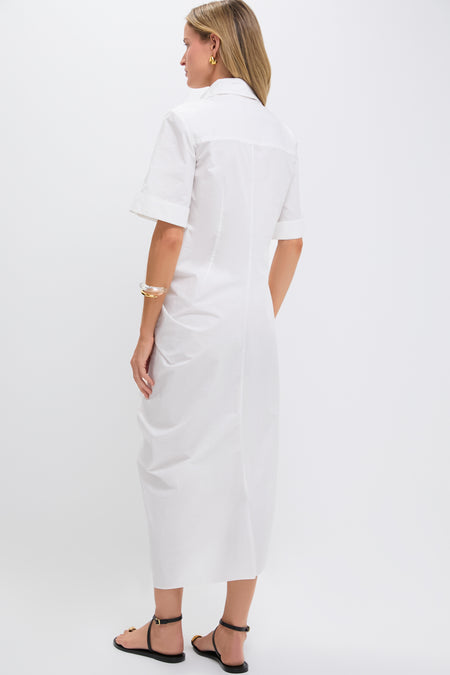 White Gathered Ruffle Shirt Dress