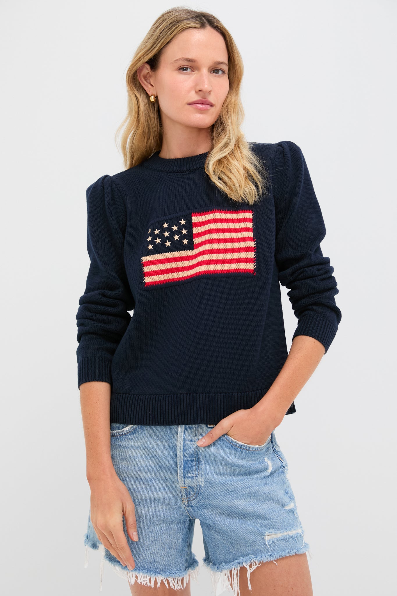Navy Cropped Cotton Puff Sleeve Americana