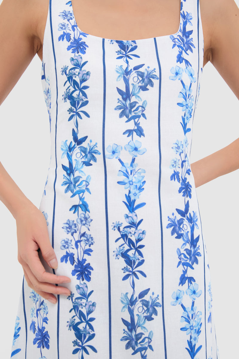 Blue Floral and Stripe Minnie Midi Dress