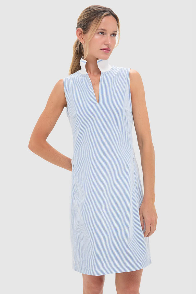 Blue and White Stripe Performance Seersucker Briar Golf Dress