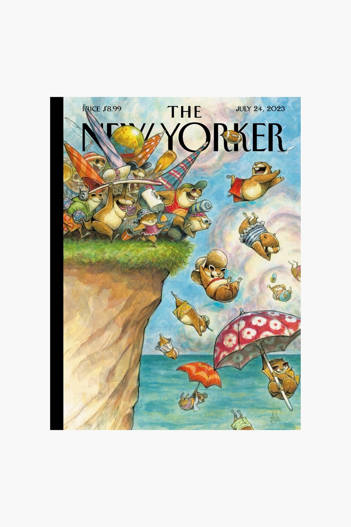 This 1000-piece jigsaw puzzle by New York Puzzle Company features snails with backpacks leaping off a cliff, some with umbrellas and parachutes, from the July 24, 2023 New Yorker cover illustration.