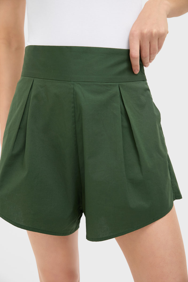 Green Solid Pleated Shorts