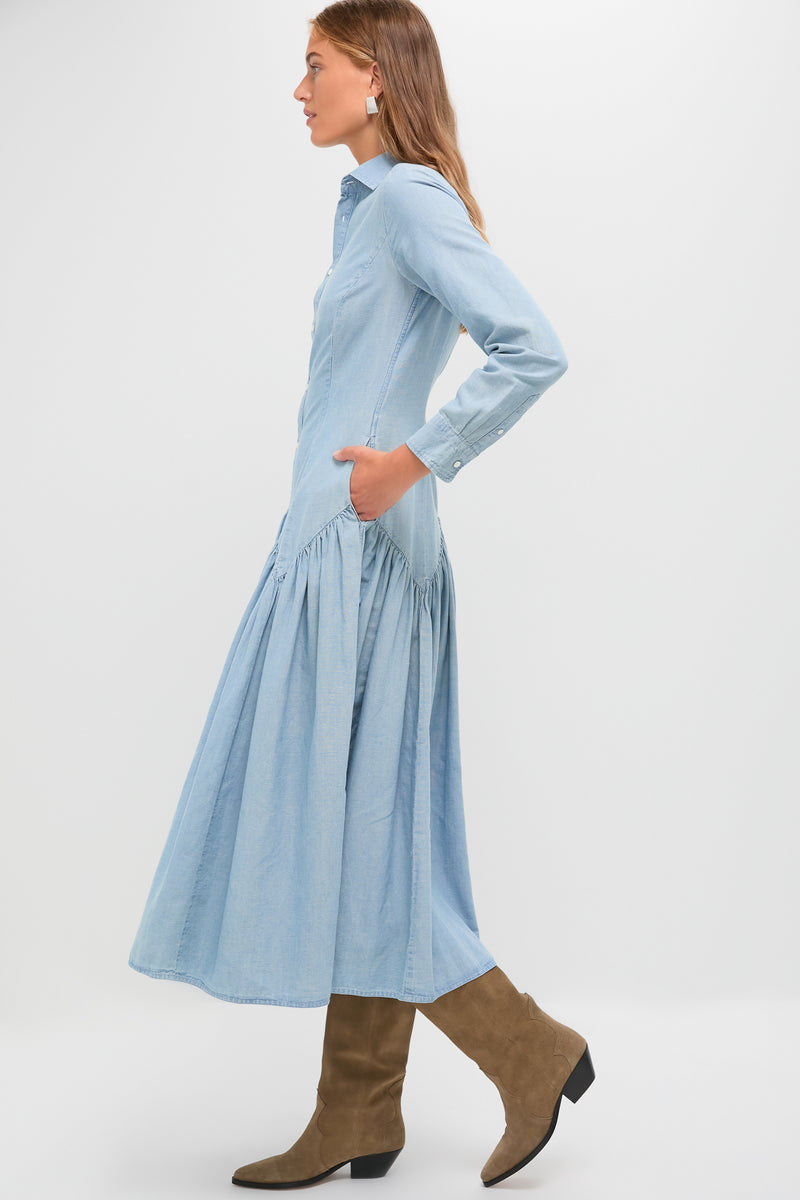 Pacific Blue Chambray Woven Collared Long Sleeve Shirt Dress