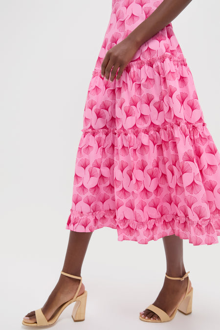 Pink & Raspberry Ginkgo Floral Augustine Midi Dress