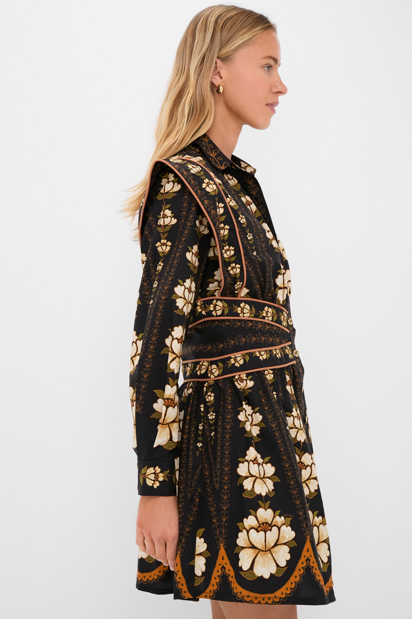 Black Embroidered Flowers Topstitching Long Sleeve Mini Dress | Farm Rio Black Embroidered Flowers Topstitching Long Sleeve Mini Dress | Farm Rio