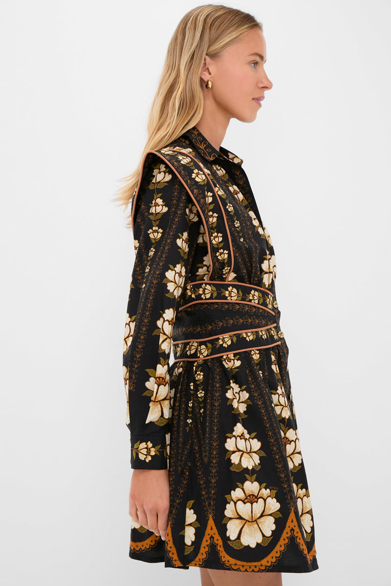Model in Black Embroidered Flowers Topstitching Long Sleeve Mini Dress, featuring bold floral patterns, cinched waist, and flared skirt for an effortless, high-end look.
