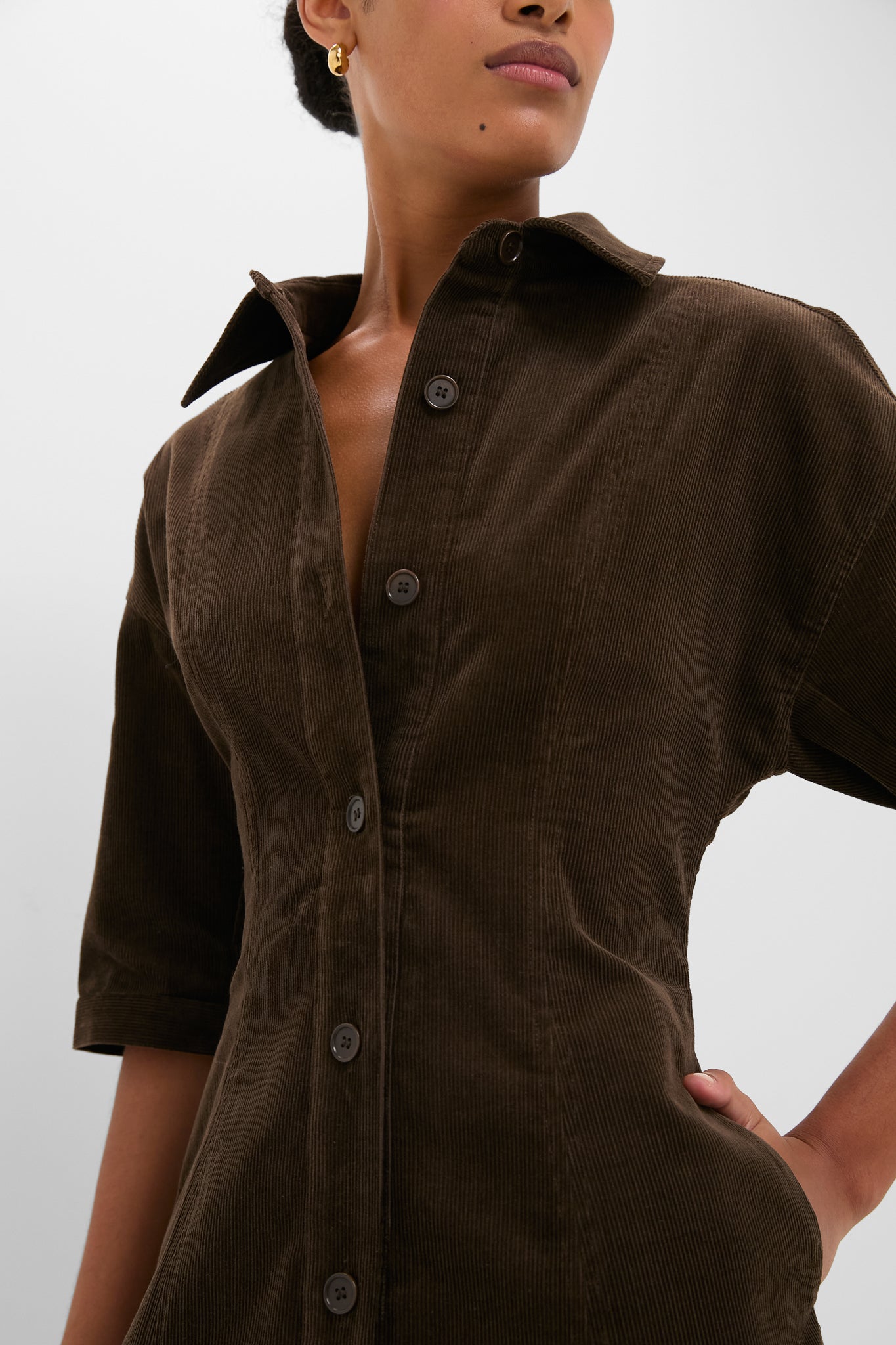 Carob Luz Mini Dress: A classic, high-end corduroy shirt-dress with button-front, fitted waist, and flared skirt. Effortlessly chic with lantern sleeves and pockets, perfect for fun fall styling.