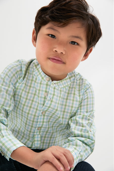 Maxwell Gingham Mao Collar Long Sleeve Shirt in Green