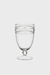 Juliska acrylic goblet from the Al Fresco Collection features a short stem, decorative horizontal bands, and a floral motif around the upper half.