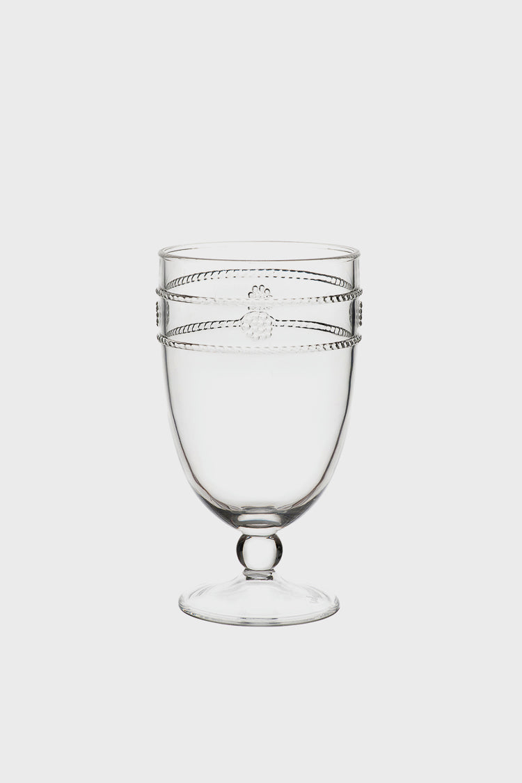 Juliska acrylic goblet from the Al Fresco Collection features a short stem, decorative horizontal bands, and a floral motif around the upper half.